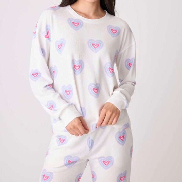 PJ Salvage Peace & Love Hearts Thermal Waffle Pajamas 2 PC Set Top & Pants NEW - Picture 1 of 8